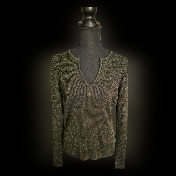 Gorgeous Karen Kane Gold Metallic and Black Sweater with Split Neckline - Picture 2 of 7